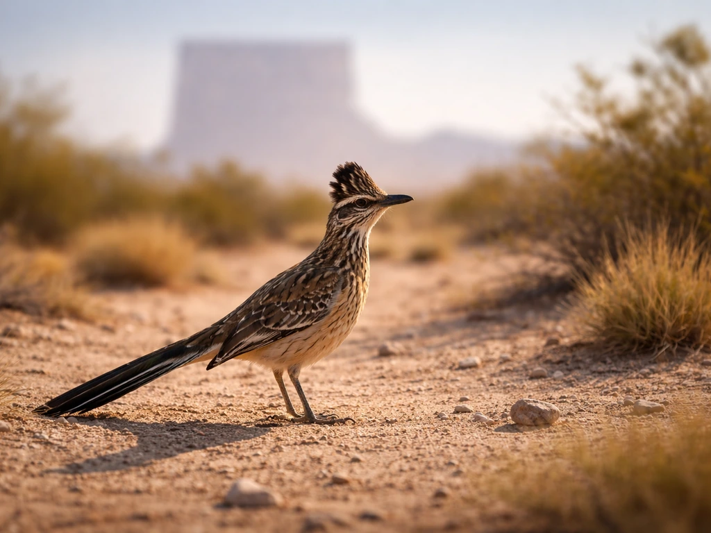 Greater roadrunner standing on arid desert ground with a faint New Mexico state outline in the background.