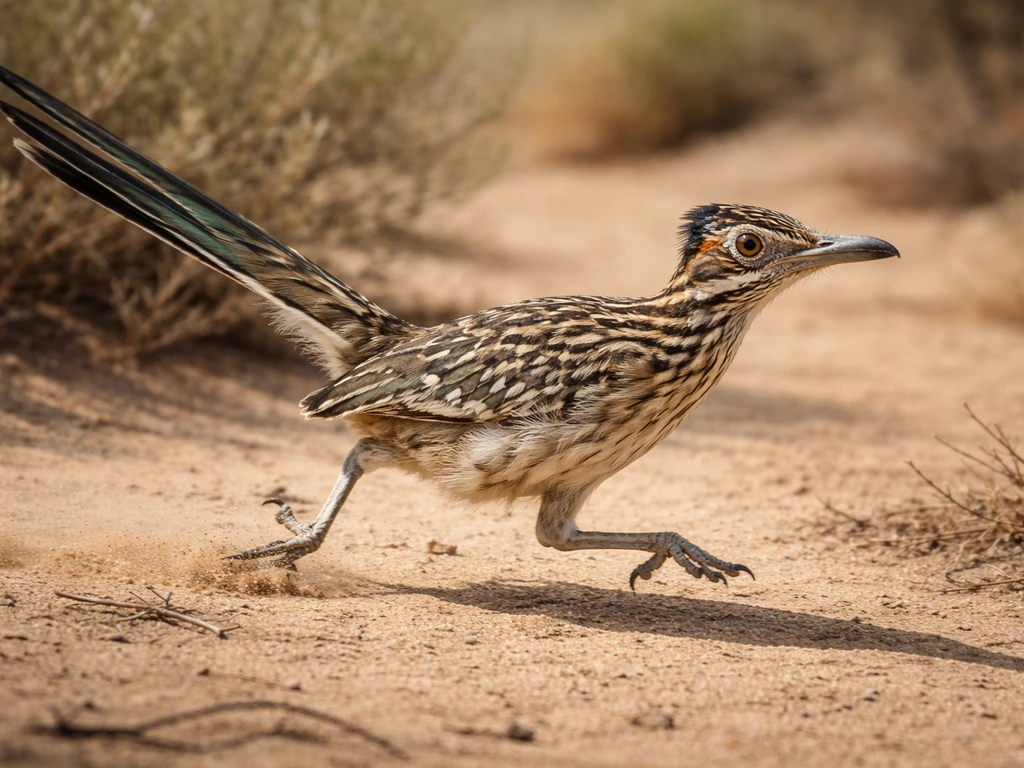 Ground-running Greater Roadrunner with streaked brown-and-white plumage in a desert setting.