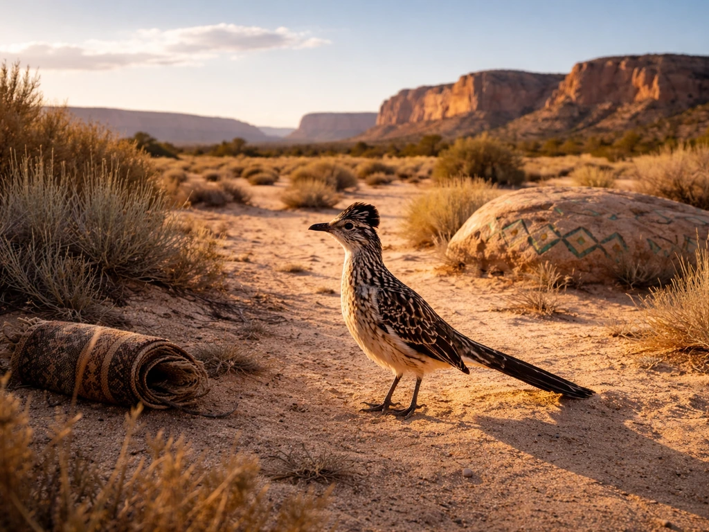 Roadrunner in a quiet desert Southwest landscape with subtle indigenous-inspired geometric motifs in the rocks.