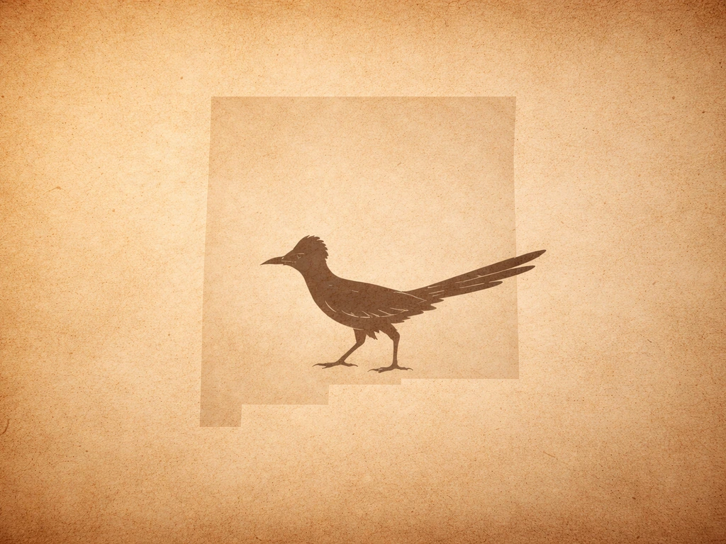 A warm aged parchment background with a simple roadrunner silhouette and a faint outline of New Mexico.
