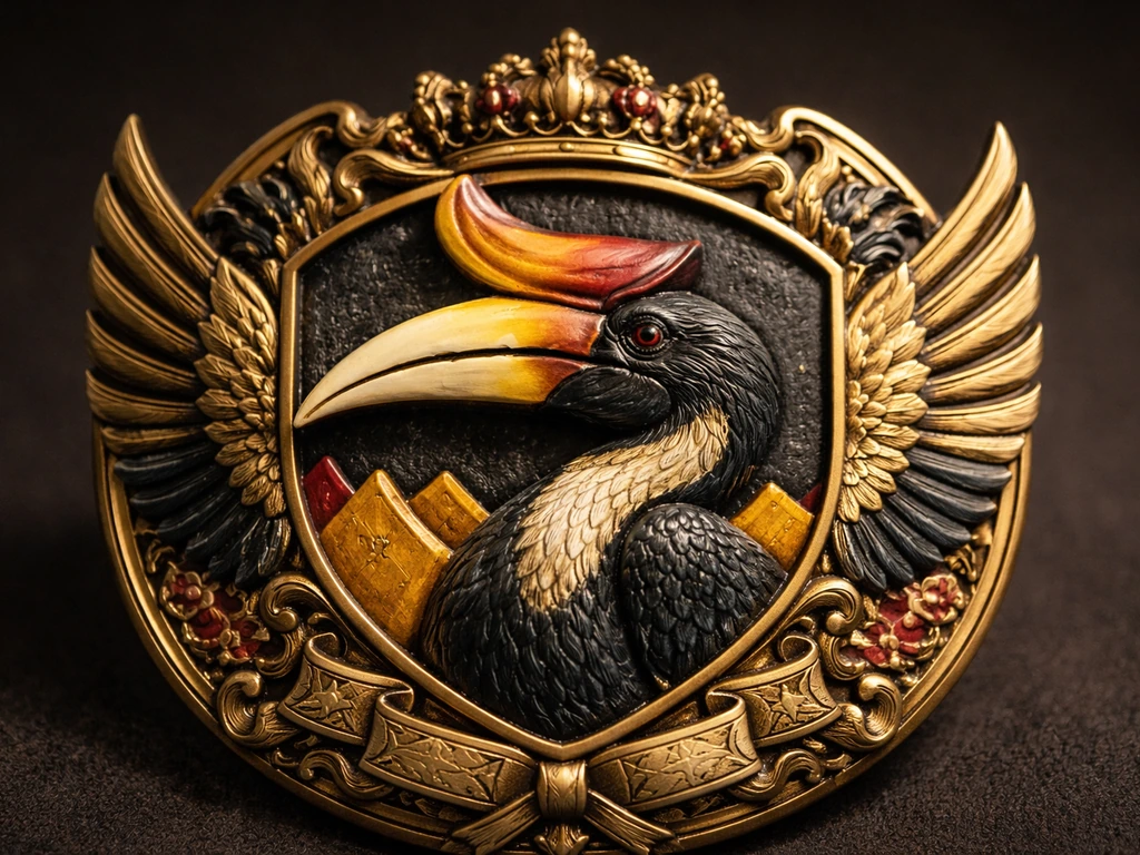 Rhinoceros hornbill perched on a Sarawak-style coat of arms, photographed close-up in soft light.