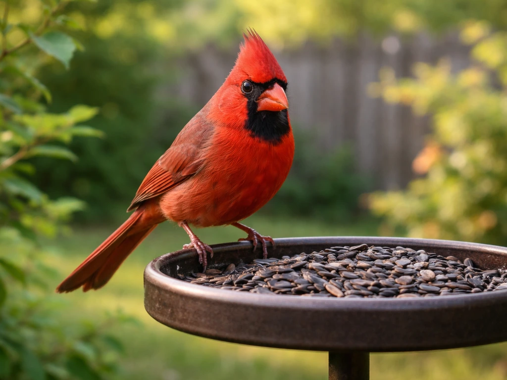 A Northern Cardinal perched on a backyard feeder with green shrubs softly blurred in the background.