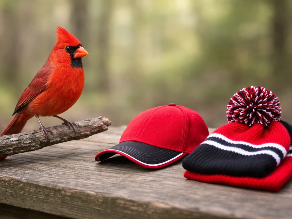 Northern cardinal perched beside small red-and-black “Cardinals” themed items, suggesting matching state bird teams.