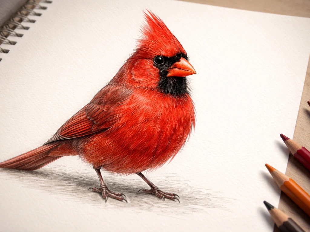 Close-up of a completed Northern Cardinal drawing on off-white paper, vivid red and black mask visible.