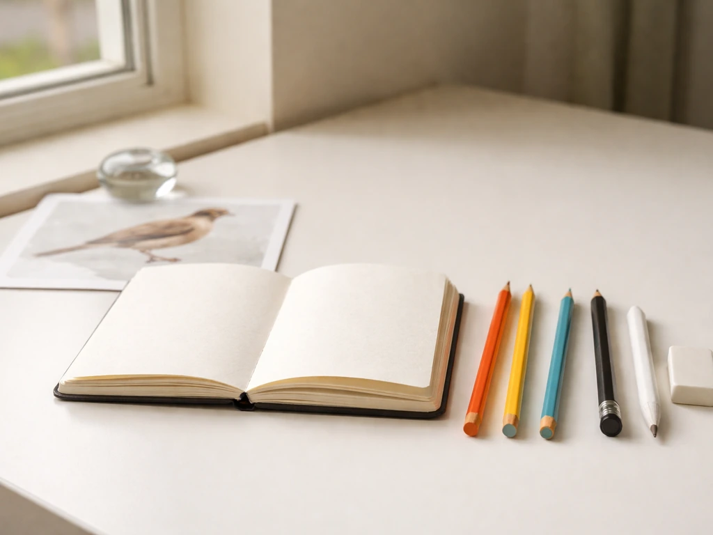 Sketchbook with pencils and an out-of-focus bird reference print on a bright desk.