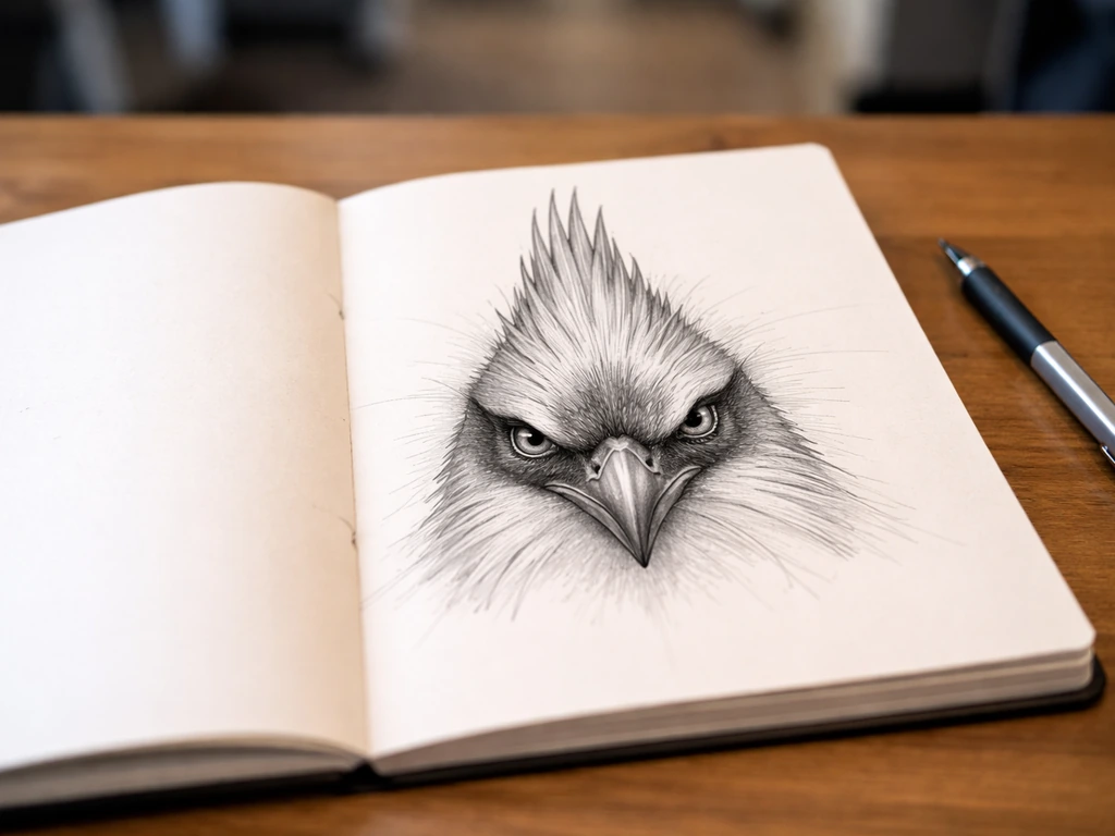 Close-up of an open sketchbook with a nearly complete bird face drawing and a black mask area