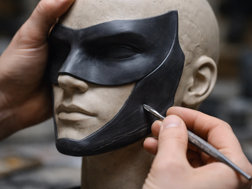 Hands refine a sculpted black mask detail wrapping from bill base to chin and throat on a mannequin head.