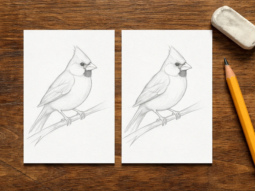 Overhead desk view with two side-by-side pencil sketches of a cardinal: wrong bill/mask vs corrected version.