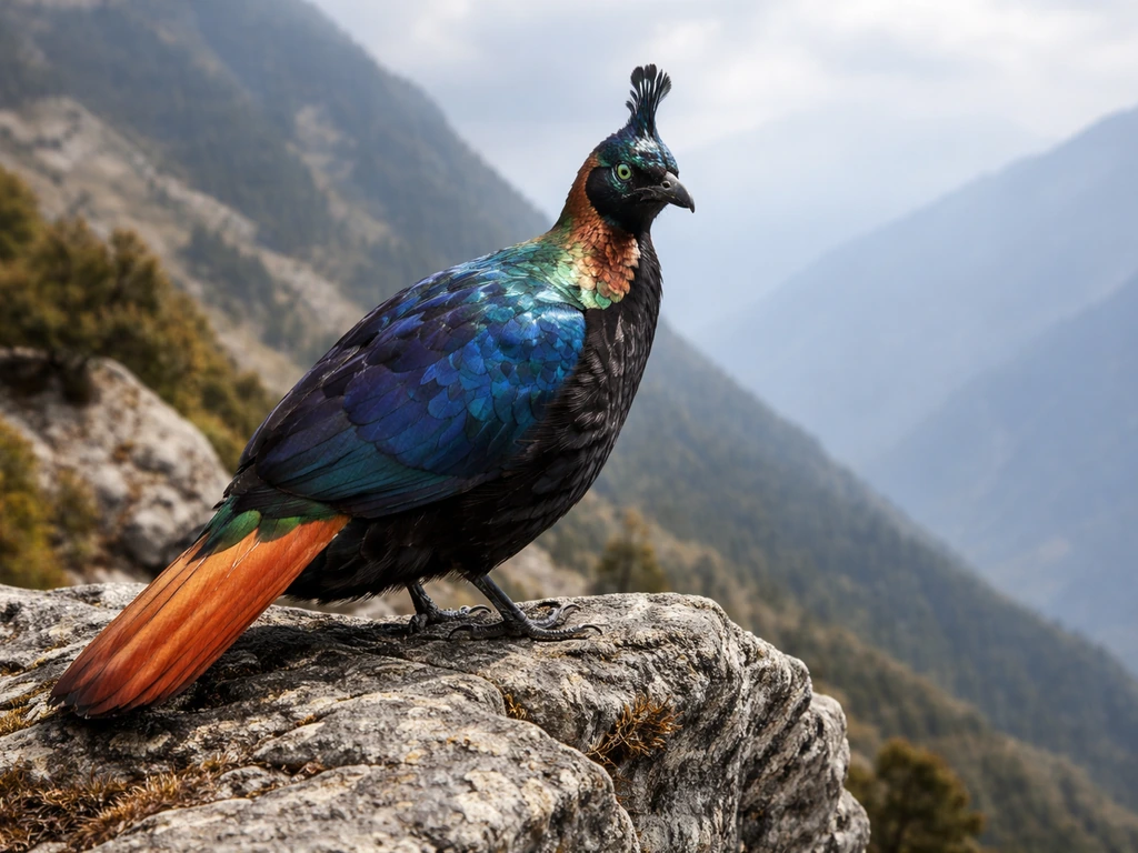 A Himalayan monal perched on a rocky slope in Uttarakhand mountains, showing vivid blue and copper plumage.