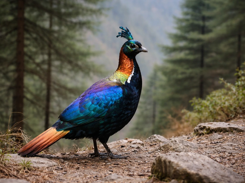 Male Himalayan monal with iridescent plumage and visible crest, standing on rocky forest ground.