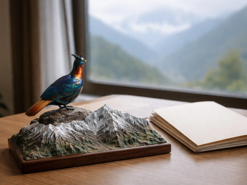 Himalayan monal figurine on a rock beside a small Himalayas model, evoking Uttarakhand’s state symbols.