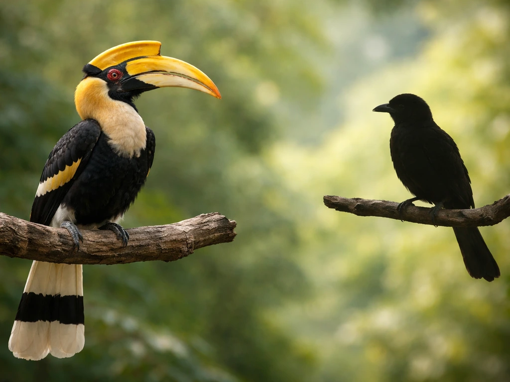 Great Indian Hornbill perched beside a second, generic bird silhouette representing the “national bird” misunderstanding