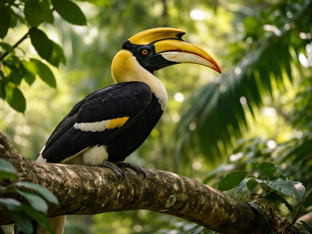 Great Indian Hornbill perched in a forest, showing white throat patches, black body, and large casque.