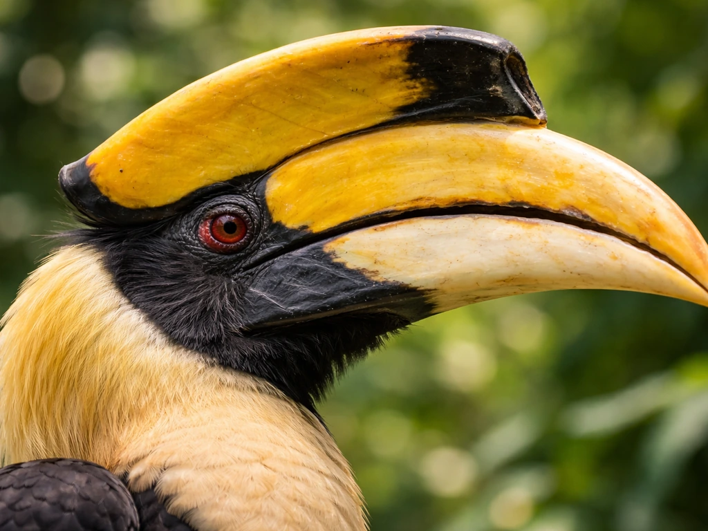 Close-up of a Great Indian hornbill’s yellow-and-black bill and hollow horn-shaped casque.