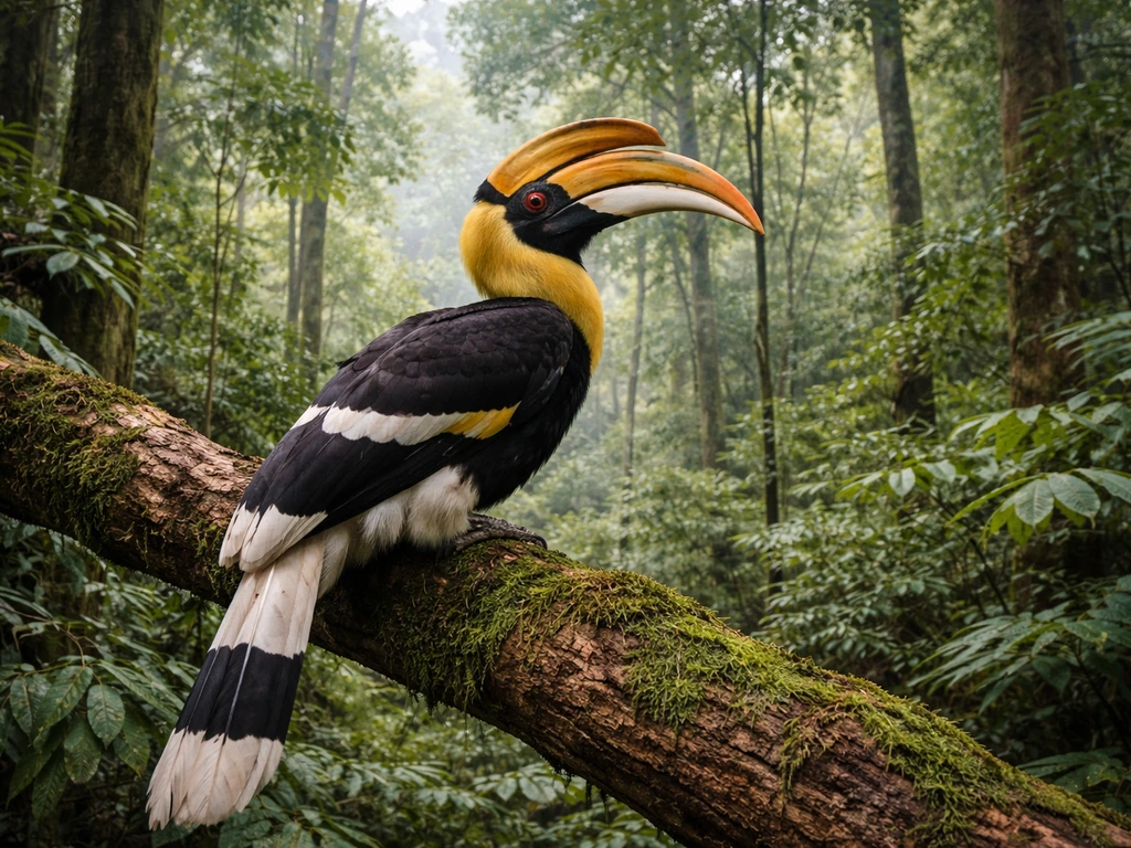 Great Indian Hornbill perched on a mossy branch in Kerala’s wet evergreen Western Ghats forest.