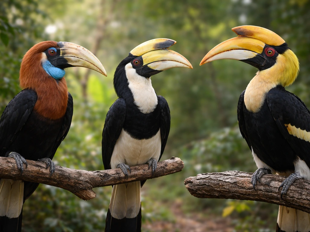 Three hornbills perched side-by-side in a forest clearing, highlighting different appearances and neck tones