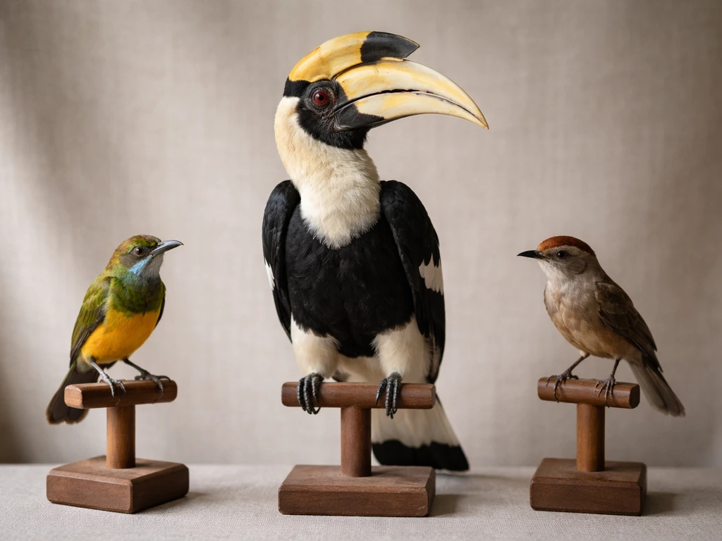 Great Pied Hornbill displayed with two other birds on simple wooden stands against a neutral backdrop.