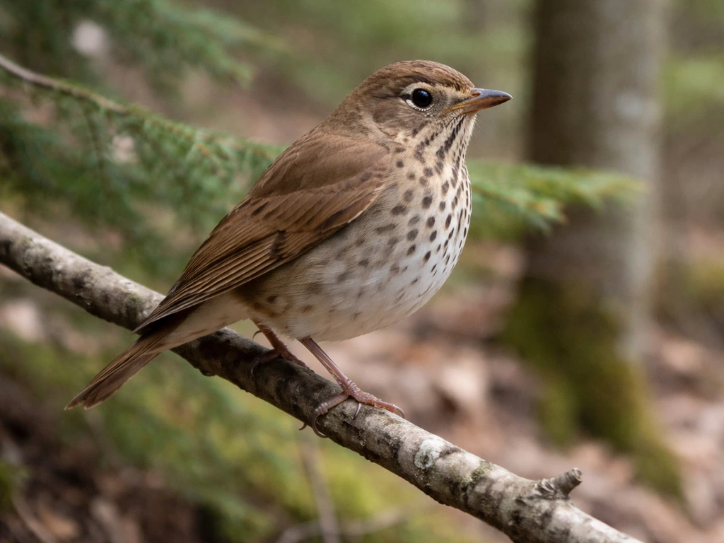 A single hermit thrush perched on a branch with soft woodland background, natural light.