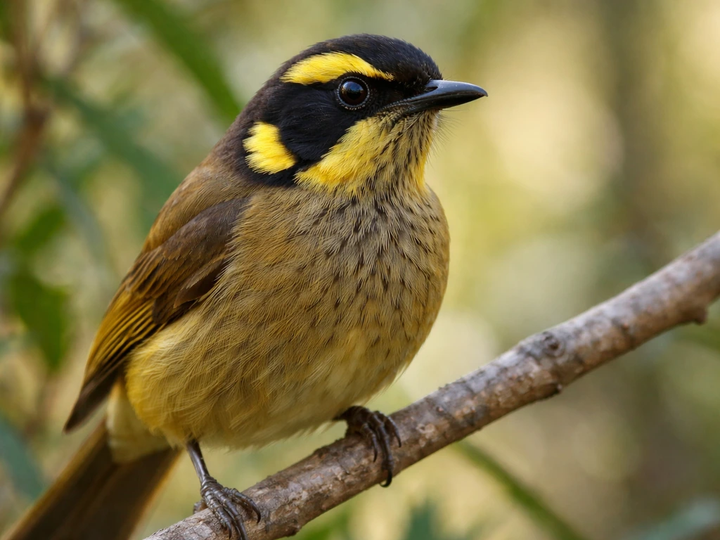 Close-up of a Helmeted Honeyeater bird perched, showing detailed head and throat plumage.