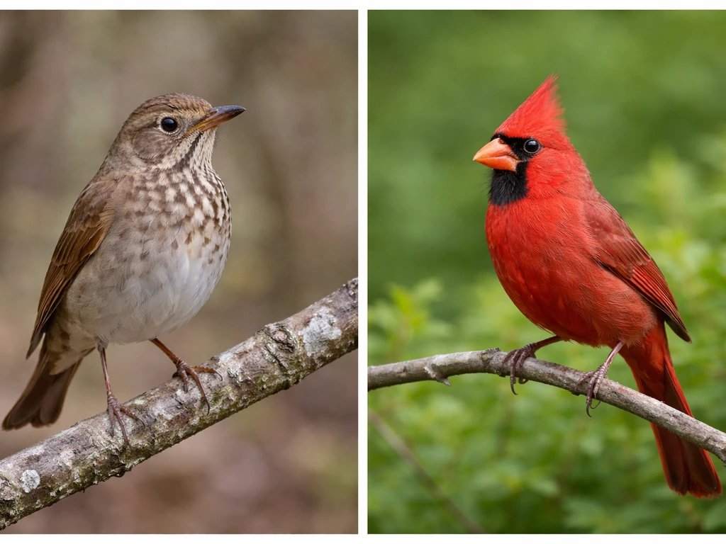 Minimal side-by-side photo of a hermit thrush and a northern cardinal perched outdoors, highlighting different field mar