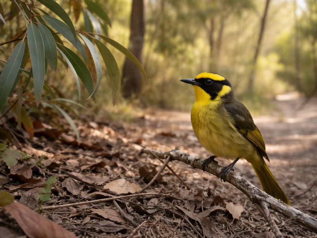 Helmeted Honeyeater perched in native eucalyptus bushland in Victoria, Australia.