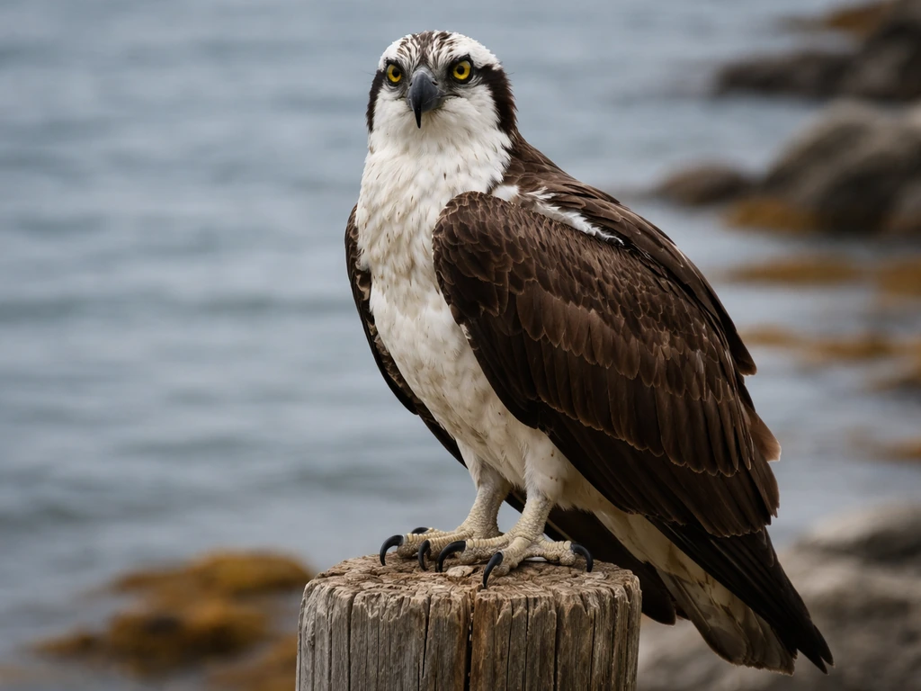 Close-up osprey perched on a coastal piling in Nova Scotia, showing its dark eye mask and contrasting plumage.