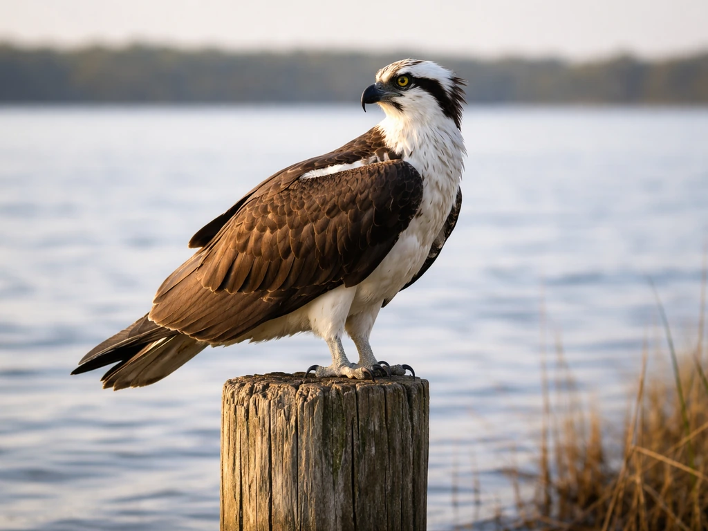 An osprey perched on a piling by the water, showing brown upperparts and white underparts for identification.