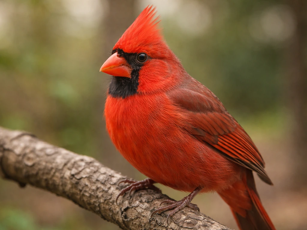 Close-up of a male northern cardinal perched, vivid red feathers, orange-red bill, sharp details.