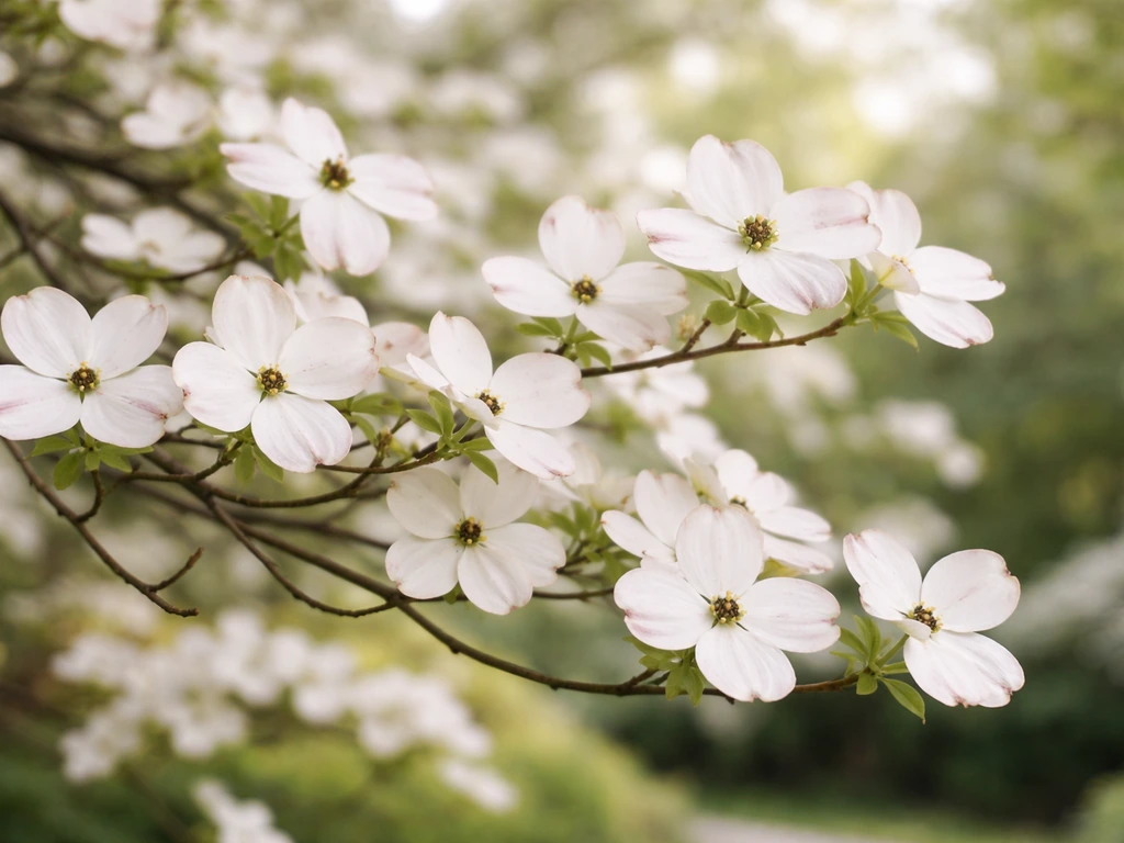 Close-up of white dogwood bracts on a spring flowering dogwood branch, softly blurred background.
