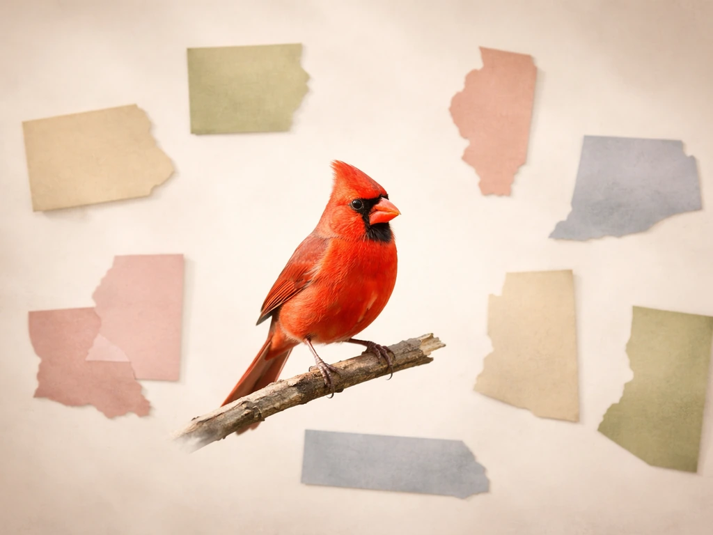A northern cardinal perched on a branch with seven muted state-shape silhouettes arranged around it.