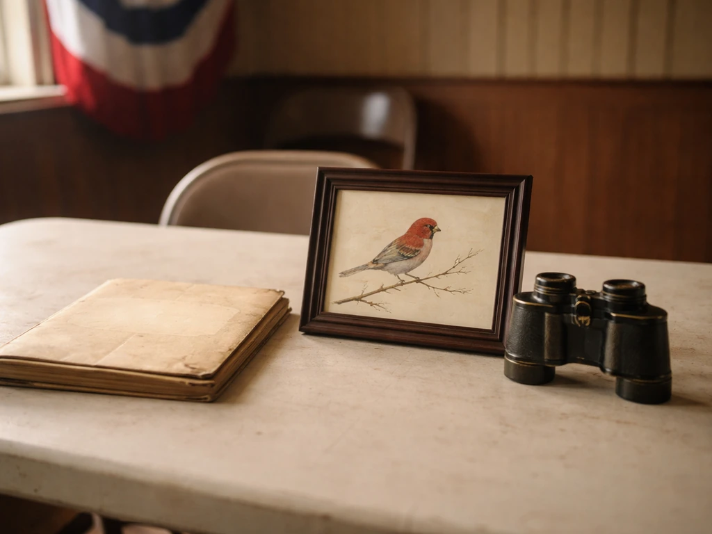 Vintage meeting table with a framed Purple Finch artwork and archival materials in soft natural light