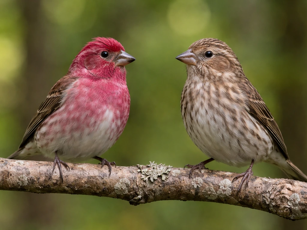 Close-up of two purple finches: male showing rose-red head and rump, female/bird showing brown above.