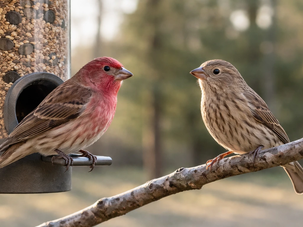 Two finches with different plumage and bill shapes perched near a simple bird feeder in soft daylight.