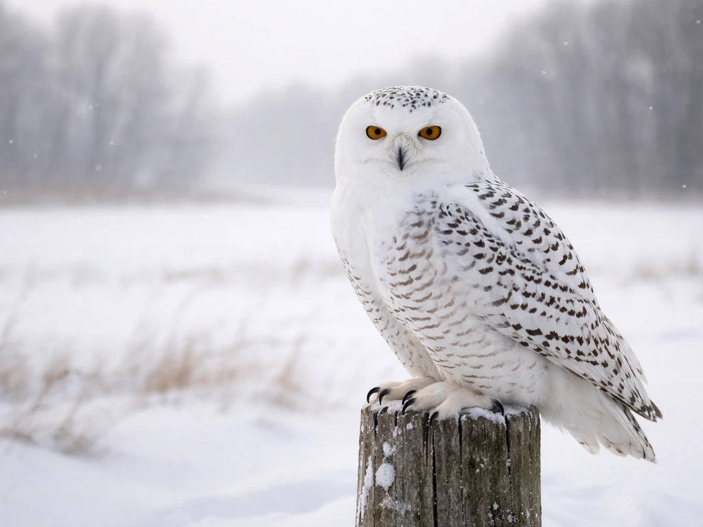 Snowy owl perched on a snowy post with a quiet winter landscape in the background.