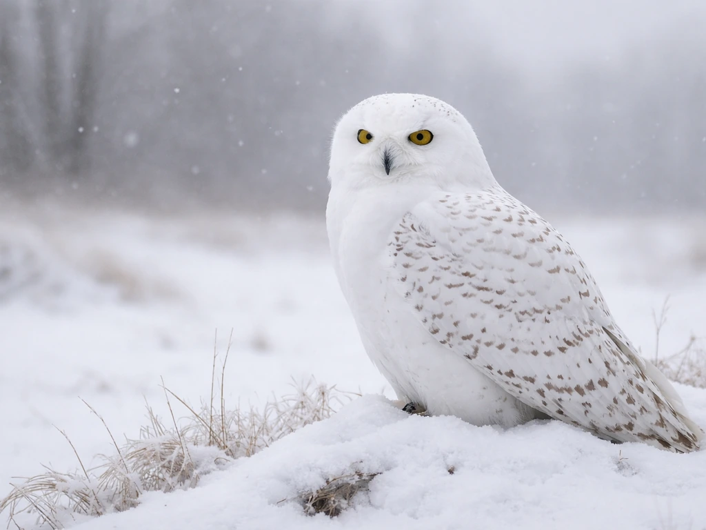 Snowy owl perched on snow in a winter field, round head and white plumage with light barring visible