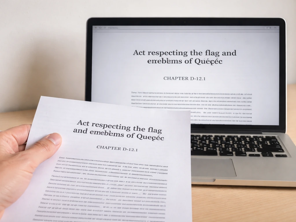 Close-up of a laptop and printed document showing a Quebec law title and chapter D-12.1.