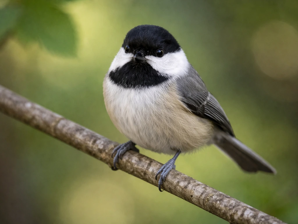 Black-capped chickadee perched on a twig, showing black cap, white cheeks, and gray back clearly.