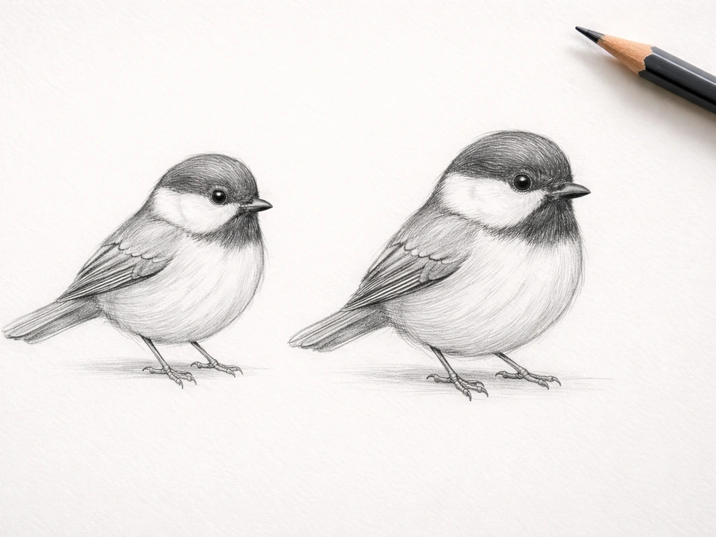 Side-by-side sketches of a small-headed bird and the same bird with a larger corrected head.