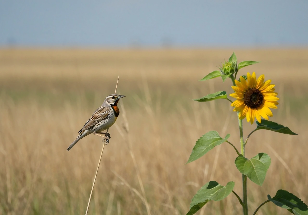 Western Meadowlark perched in dry prairie grass beside a native sunflower bloom