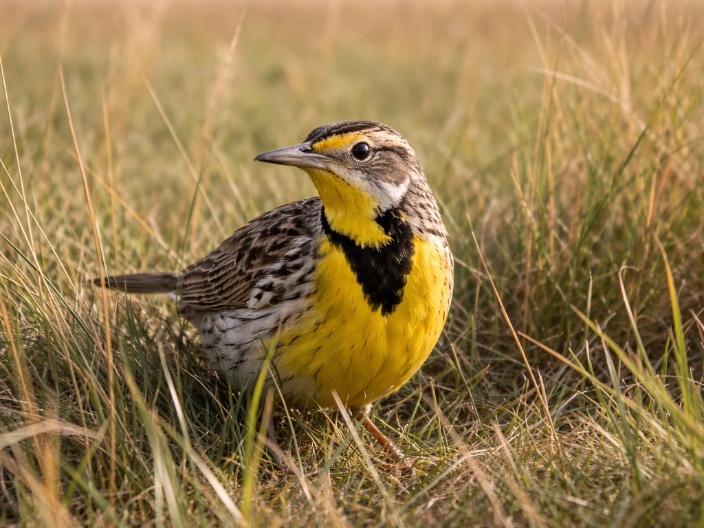 Western meadowlark perched in prairie grass with bright yellow underside and bold black V markings.