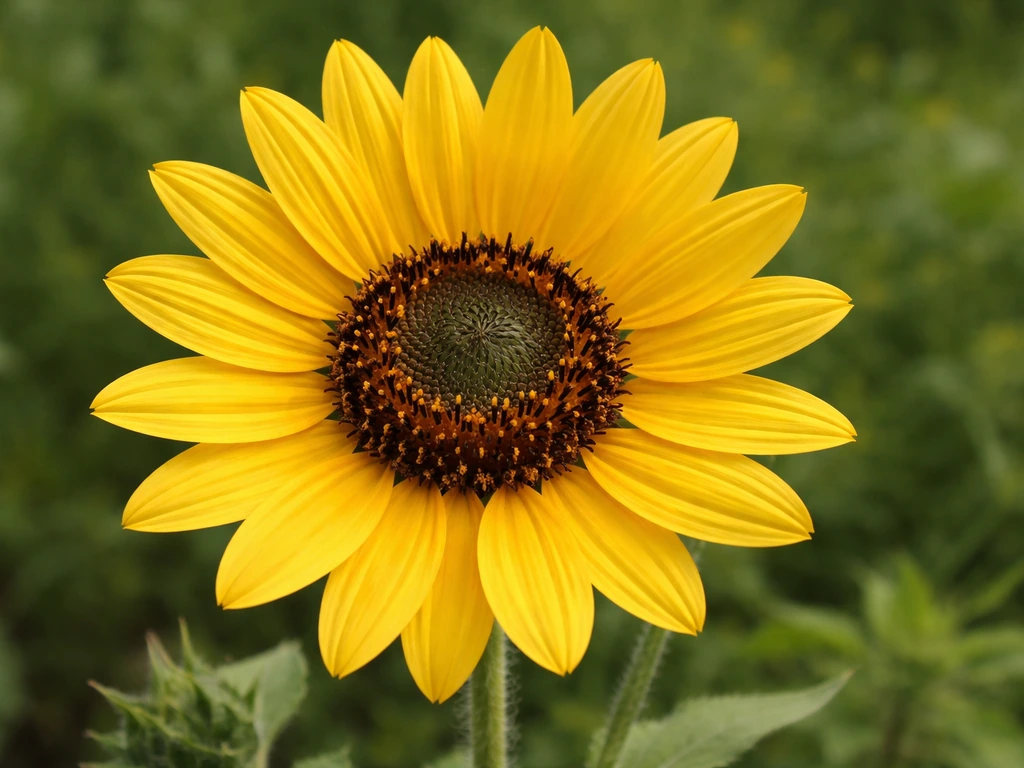 Close-up of a wild native sunflower showing yellow ray florets around a dark center and hairy stem texture.