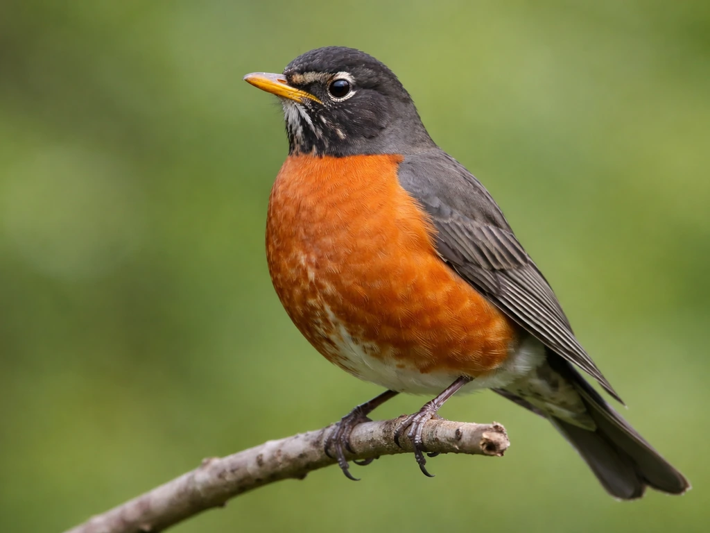 Close-up of an American robin perched, showing its brick-red breast and detailed feathers.