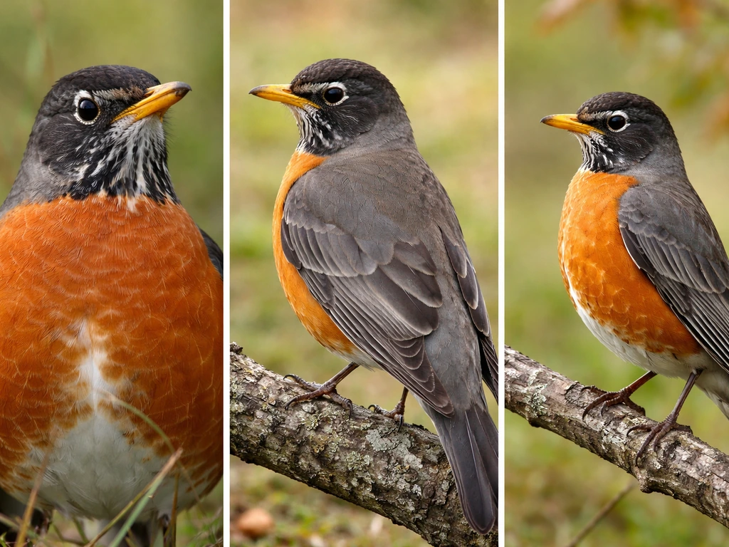 Three realistic views of an American robin showing red breast, gray-brown back, and wingspan shape.