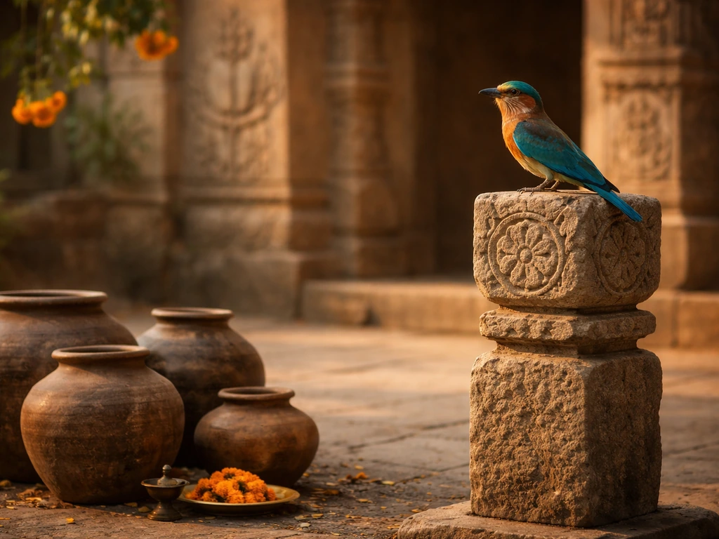 An Indian roller perched on a stone pillar with blurred traditional temple carvings in the background.