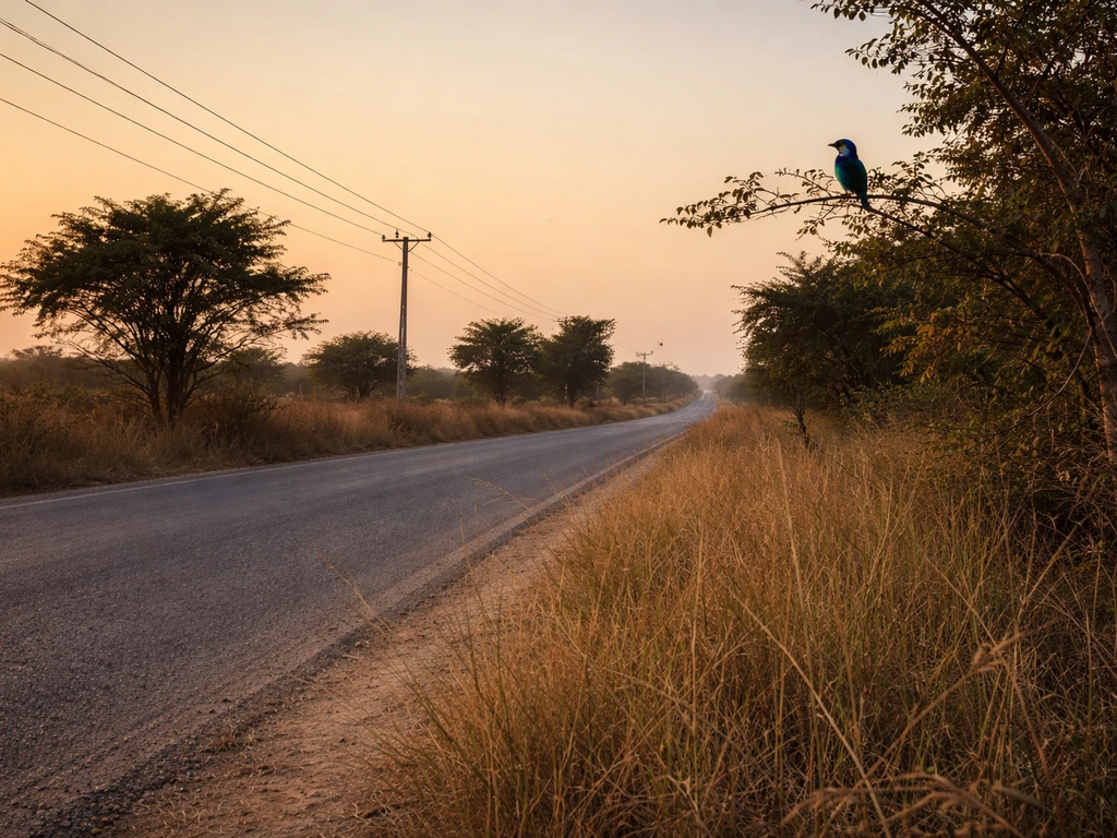 Indian roller perched on a roadside branch beside telegraph wires in open grassland in Telangana.