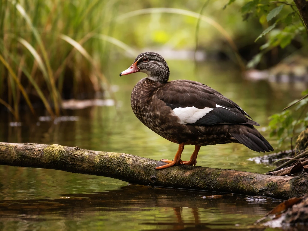 White-winged wood duck perched in a lush Assam-style wetland habitat near water and reeds