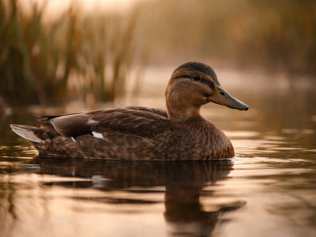Close-up of a stocky duck with a pale wing patch in a quiet marsh at dawn.