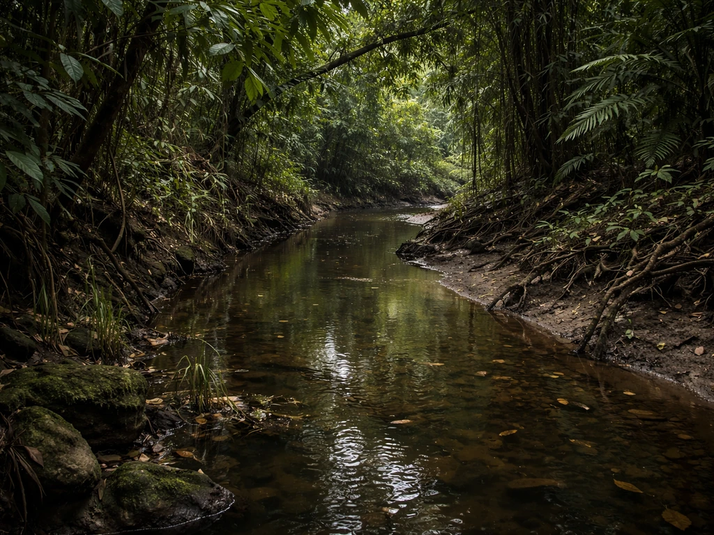 Shaded tropical forest wetland with slow freshwater creek and lush greenery in Assam’s Dibru-Saikhowa region.