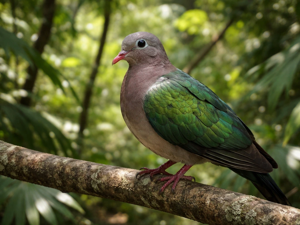 Common Emerald Dove perched among tropical greenery in natural dappled light.
