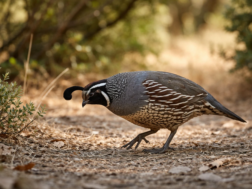 California valley quail foraging on the ground in a sunlit scrub oak-woodland edge habitat.
